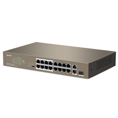 44.7362-1.jpg SWITCH 16P LAN 10/100M POE TENDA TEF1118P-16-150W 2P GIGABIT +1P SFP DESKTOP - METALLO - GARANZIA 3 ANNI
