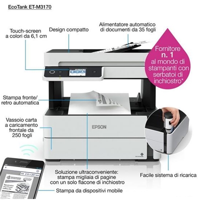 12.405-2.jpg STAMPANTE EPSON MFC INK ECOTANK MONO ET-M3170 C11CG92402 A4 4IN1 39PPM F/R 250FG ADF LCD USB WIFI LAN FINO:31/12