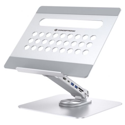 SUPPORTO X NOTEBOOK CON DOCKING STATION 7IN1 CONCEPTRONIC DONN27G BASE GIREVOLE A 360°, PIEGHEVOLE, ALTEZZA REGOLABILE